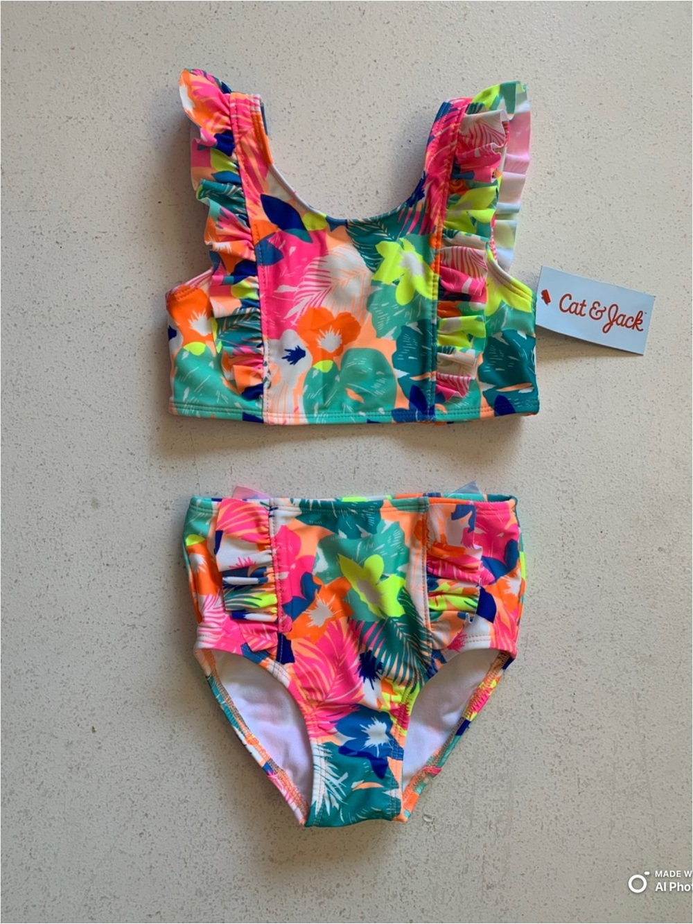 Cat & Jack Girls Colorful Floral Ruffled Bikini Set Size 2T NWT Summer Beach